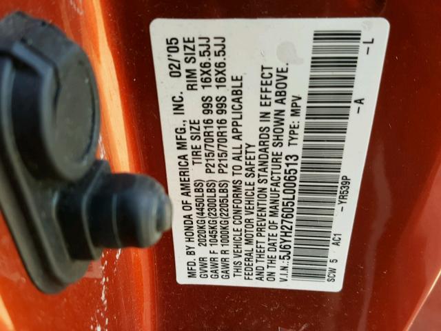 5J6YH27605L006513 - 2005 HONDA ELEMENT EX ORANGE photo 10