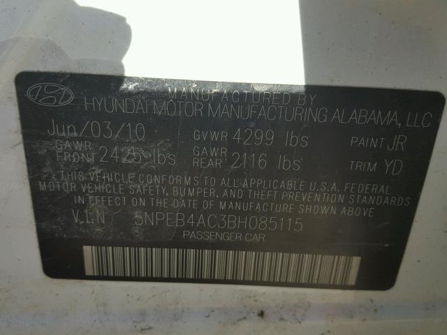 5NPEB4AC3BH085115 - 2011 HYUNDAI SONATA GLS WHITE photo 10