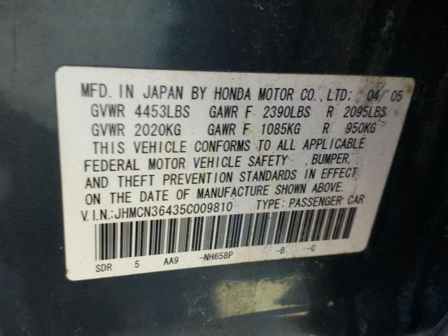 JHMCN36435C009810 - 2005 HONDA ACCORD HYB BLUE photo 10