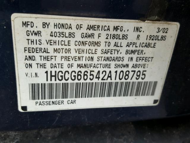 1HGCG66542A108795 - 2002 HONDA ACCORD LX BLUE photo 10