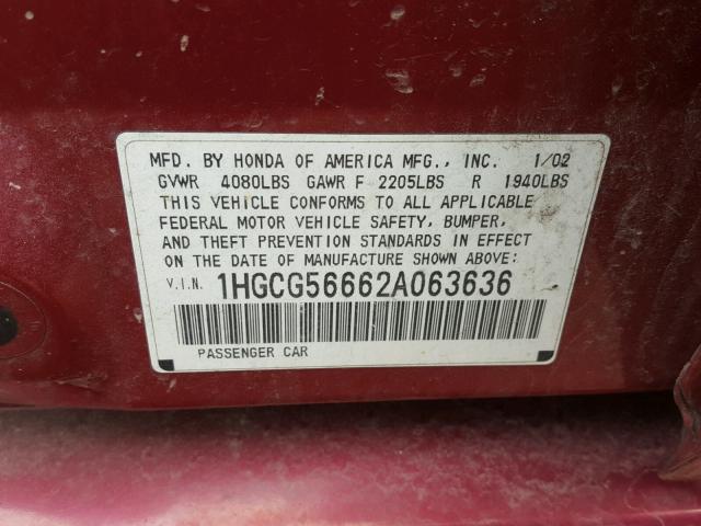 1HGCG56662A063636 - 2002 HONDA ACCORD EX MAROON photo 10