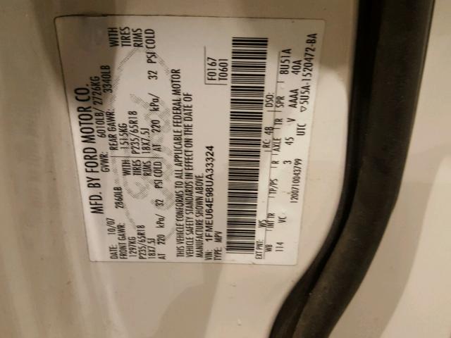 1FMEU64E98UA33324 - 2008 FORD EXPLORER E WHITE photo 10