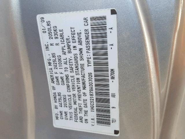 1HGCS21879A007026 - 2009 HONDA ACCORD EXL SILVER photo 10