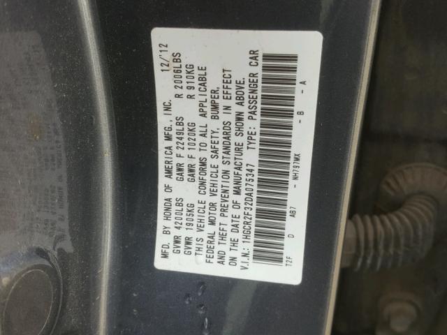 1HGCR2F32DA075347 - 2013 HONDA ACCORD LX GRAY photo 10