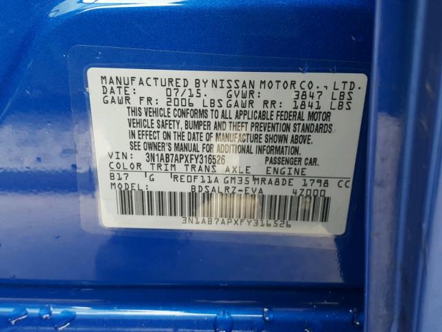 3N1AB7APXFY316526 - 2015 NISSAN SENTRA S BLUE photo 10