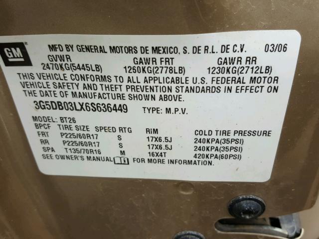 3G5DB03LX6S636449 - 2006 BUICK RENDEZVOUS TAN photo 10