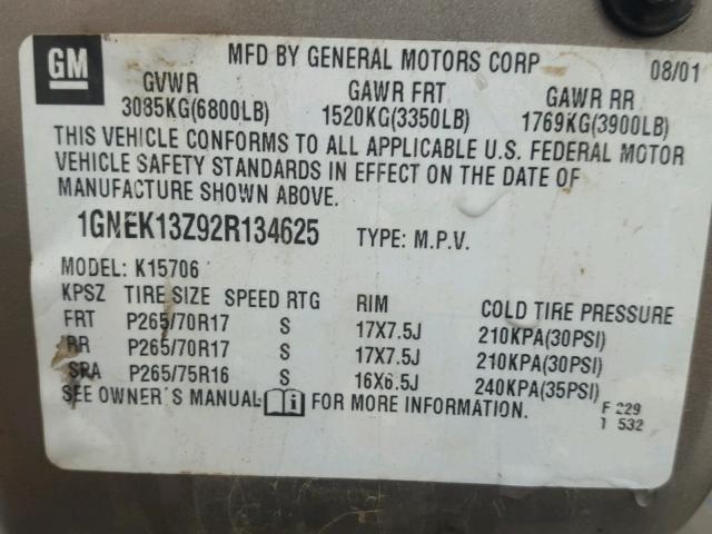 1GNEK13Z92R134625 - 2002 CHEVROLET TAHOE K150 TAN photo 10