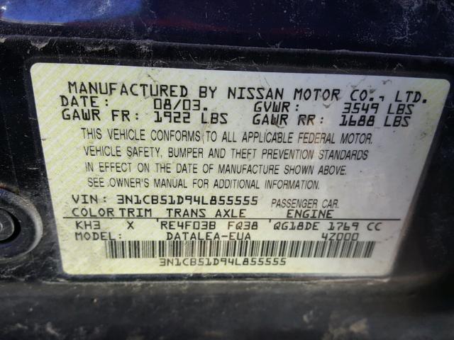 3N1CB51D94L855555 - 2004 NISSAN SENTRA 1.8 BLACK photo 10