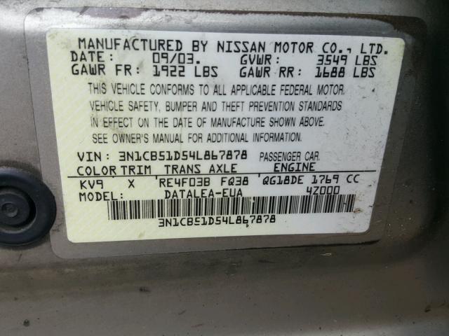 3N1CB51D54L867878 - 2004 NISSAN SENTRA 1.8 TAN photo 10