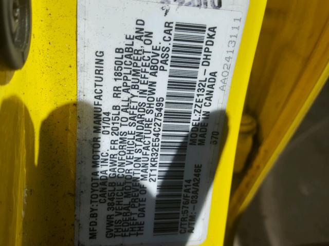 2T1KR32E54C275495 - 2004 TOYOTA MATRIX YELLOW photo 10