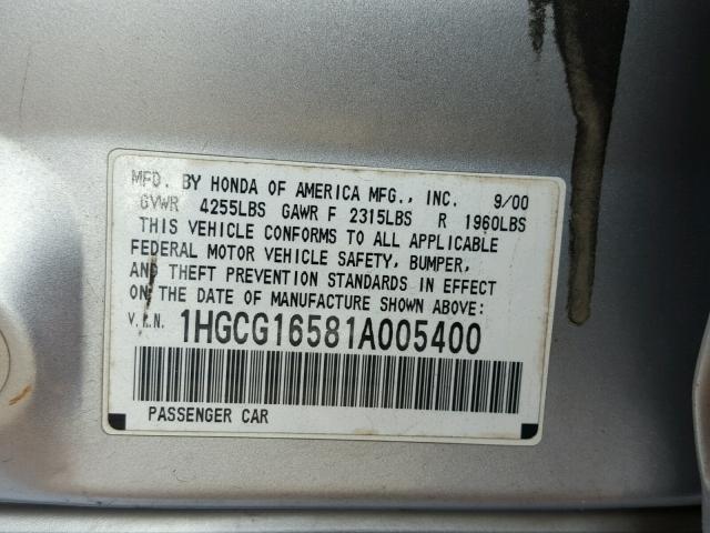 1HGCG16581A005400 - 2001 HONDA ACCORD EX SILVER photo 10