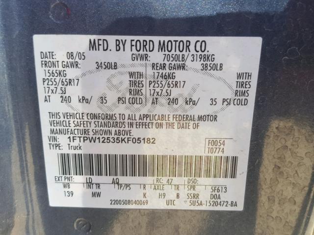 1FTPW12535KF05182 - 2005 FORD F150 SUPER BLUE photo 10