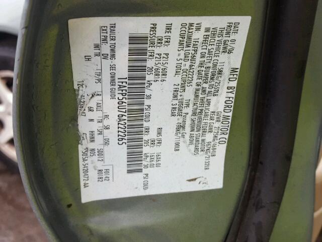 1FAFP56U76A222265 - 2006 FORD TAURUS SEL GREEN photo 10