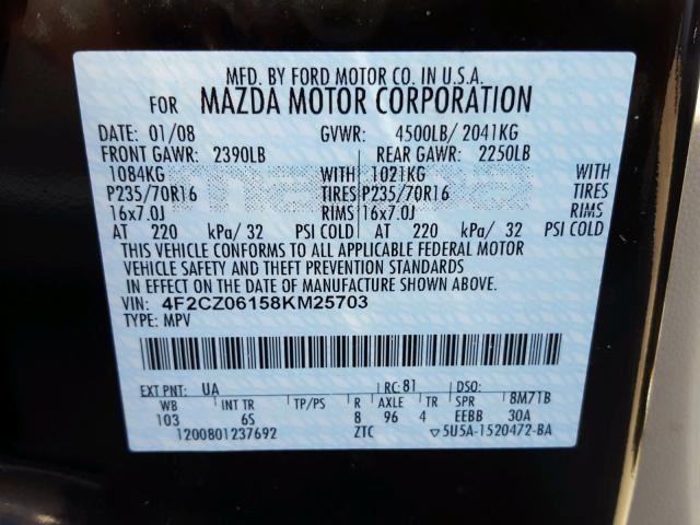 4F2CZ06158KM25703 - 2008 MAZDA TRIBUTE S BLACK photo 10