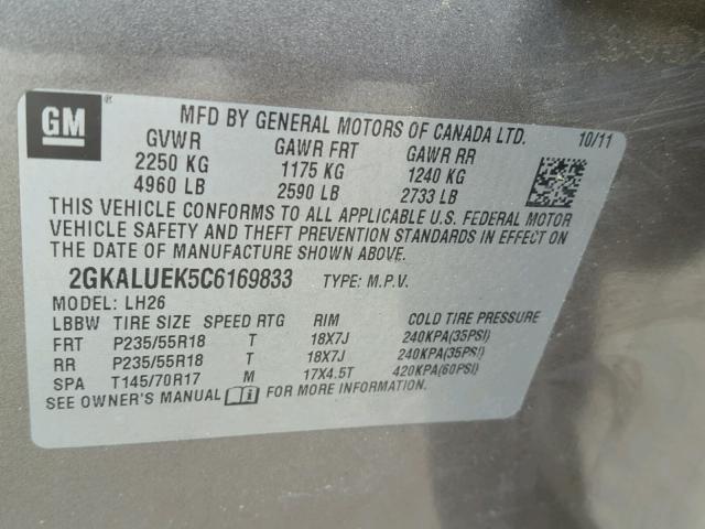 2GKALUEK5C6169833 - 2012 GMC TERRAIN SL GRAY photo 10