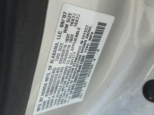 5FNRL38657B461909 - 2007 HONDA ODYSSEY EX SILVER photo 10