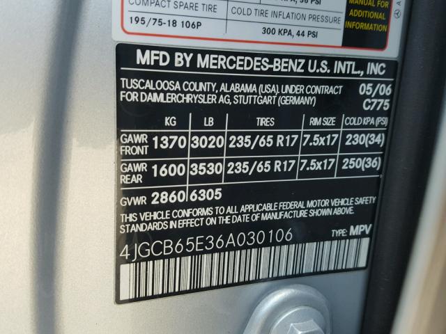 4JGCB65E36A030106 - 2006 MERCEDES-BENZ R 350 SILVER photo 10