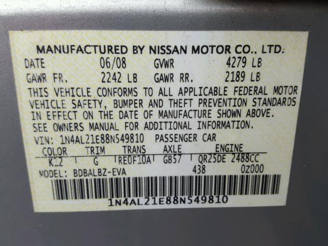 1N4AL21E88N549810 - 2008 NISSAN ALTIMA 2.5 SILVER photo 10