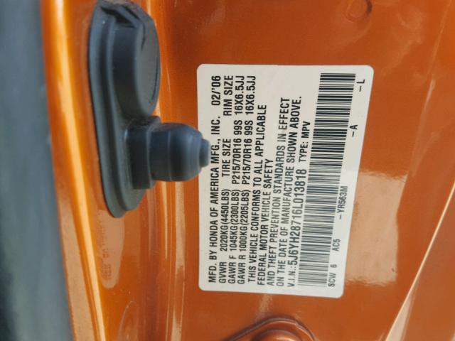 5J6YH28716L013818 - 2006 HONDA ELEMENT EX ORANGE photo 10