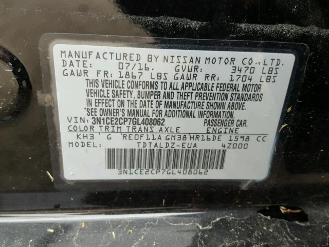 3N1CE2CP7GL408062 - 2016 NISSAN VERSA NOTE BLACK photo 10