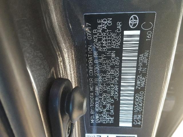 JTDKARFP9H3041459 - 2017 TOYOTA PRIUS PRIM გრაფიტი ფოტო 10