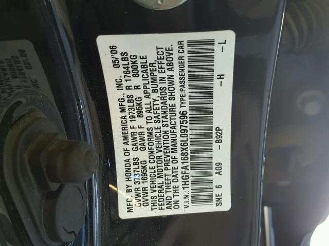 1HGFA168X6L097596 - 2006 HONDA CIVIC EX 黑色 照片 10