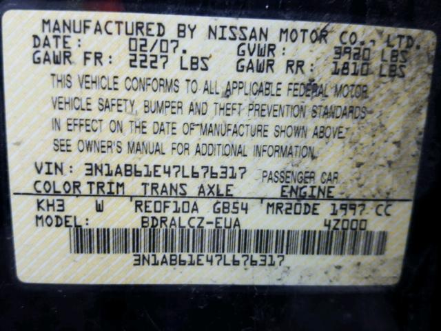 3N1AB61E47L676317 - 2007 NISSAN SENTRA 2.0 BLACK photo 10