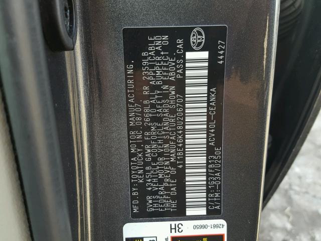 4T1BE46K48U206707 - 2008 TOYOTA CAMRY CE GRAY photo 10