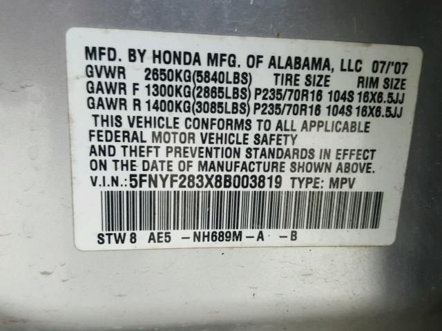 5FNYF283X8B003819 - 2008 HONDA PILOT SE SILVER photo 10