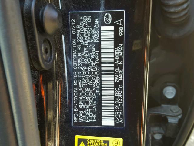 JTHKD5BH0C2119591 - 2012 LEXUS CT 200 BLACK photo 10