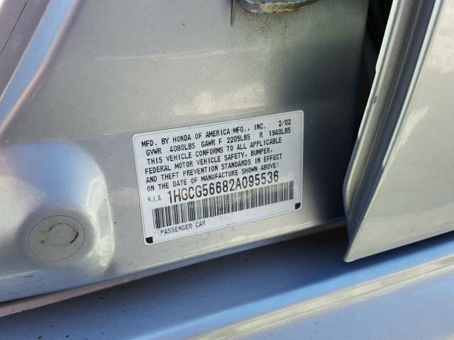 1HGCG56682A095536 - 2002 HONDA ACCORD EX SILVER photo 10