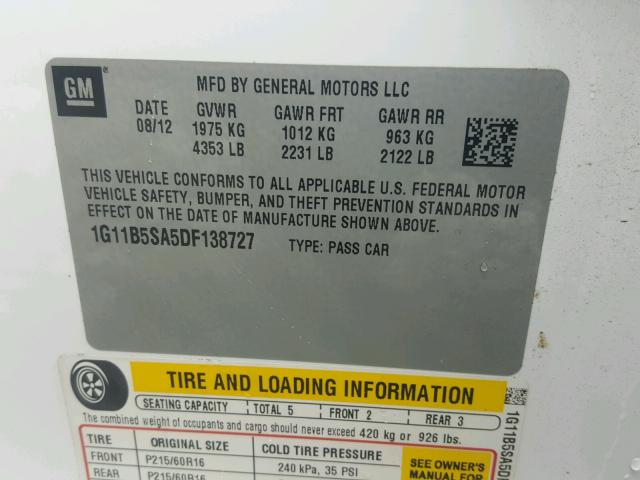 1G11B5SA5DF138727 - 2013 CHEVROLET MALIBU LS 白色 照片 10