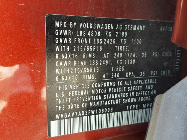 WVGAV7AX3FW106096 - 2015 VOLKSWAGEN TIGUAN S RED photo 10