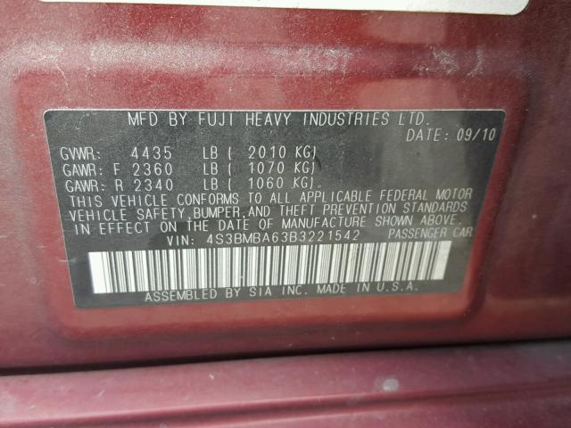 4S3BMBA63B3221542 - 2011 SUBARU LEGACY 2.5 RED photo 10