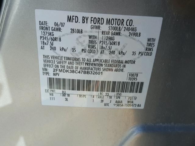 2FMDK38C47BB32601 - 2007 FORD EDGE SEL SILVER photo 10