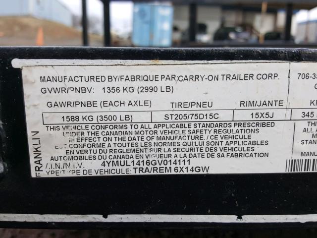 4YMUL1416GV014111 - 2016 CARR TRAILER BLACK photo 10