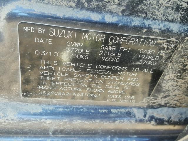 JS2YC5A21A6310461 - 2010 SUZUKI SX4 LE GRAY photo 10