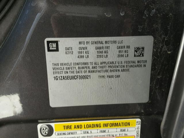 1G1ZA5EU8CF390921 - 2012 CHEVROLET MALIBU LS Сұр фото 10