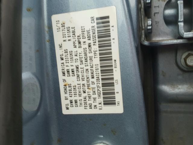 1HGCP2F30BA027610 - 2011 HONDA ACCORD LX BLUE photo 10