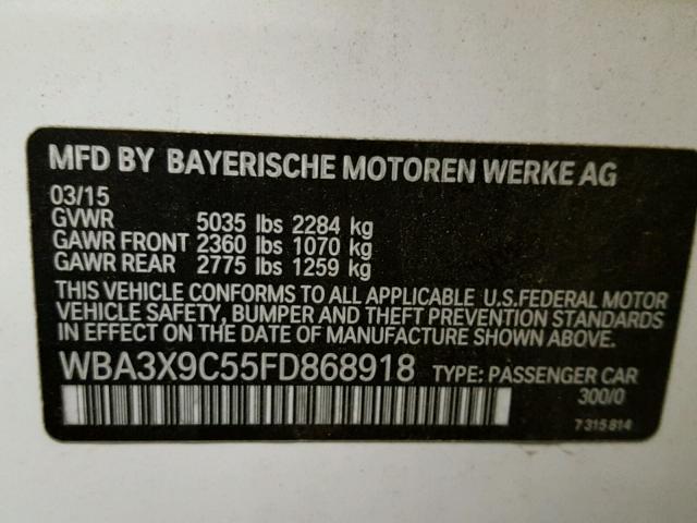 WBA3X9C55FD868918 - 2015 BMW 335 XIGT WHITE photo 10