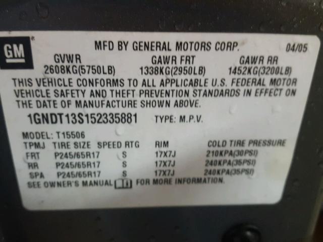 1GNDT13S152335881 - 2005 CHEVROLET TRAILBLAZE GRAY photo 10