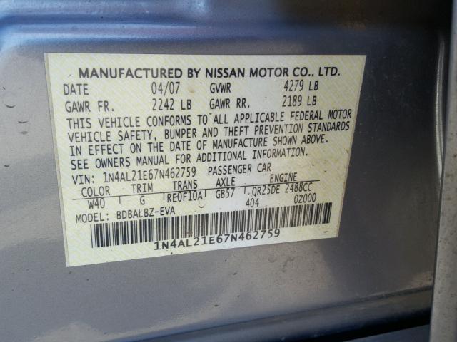 1N4AL21E67N462759 - 2007 NISSAN ALTIMA 2.5 SILVER photo 10