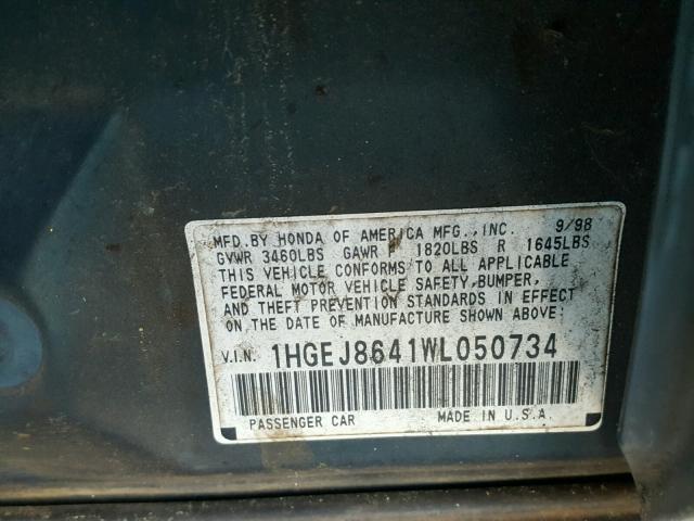 1HGEJ8641WL050734 - 1998 HONDA CIVIC EX მწვანე ფოტო 10