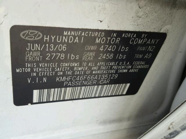 KMHFC46F66A135129 - 2006 HYUNDAI AZERA SE WHITE photo 10