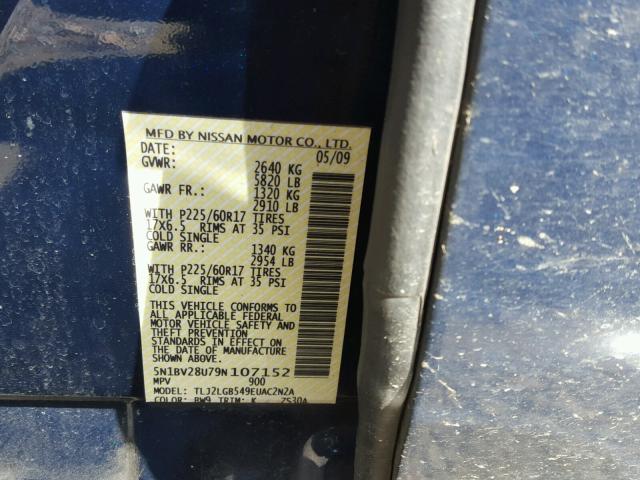 5N1BV28U79N107152 - 2009 NISSAN QUEST S BLUE photo 10