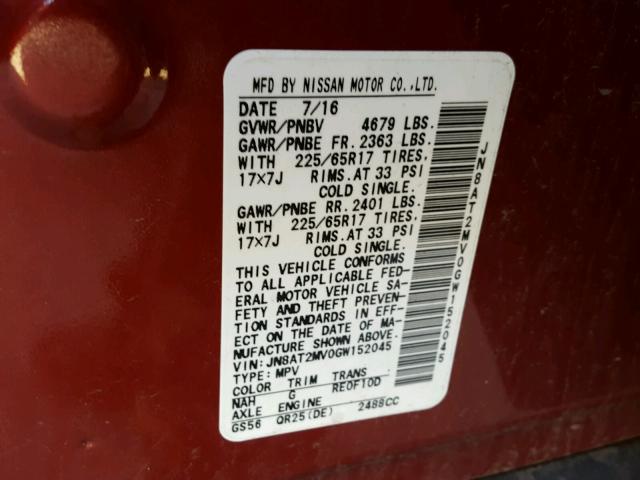 JN8AT2MV0GW152045 - 2016 NISSAN ROGUE S RED photo 10