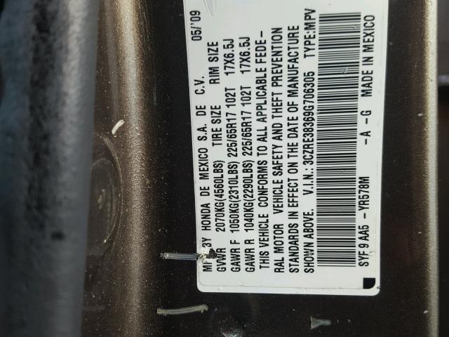 3CZRE38369G706305 - 2009 HONDA CR-V LX CHARCOAL photo 10