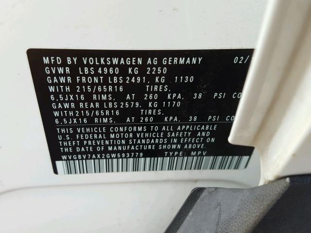 WVGBV7AX2GW593779 - 2016 VOLKSWAGEN TIGUAN S WHITE photo 10