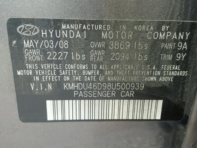 KMHDU46D98U500939 - 2008 HYUNDAI ELANTRA GL GRAY photo 10