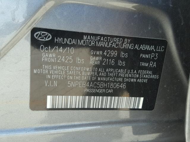 5NPEB4AC5BH180646 - 2011 HYUNDAI SONATA GLS GRAY photo 10